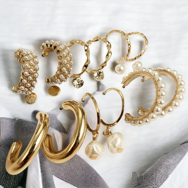 Goldify Combo Of 9 Stunning Gold Plated Pearl Studs and Hoop Earrings - GoldifyEarring