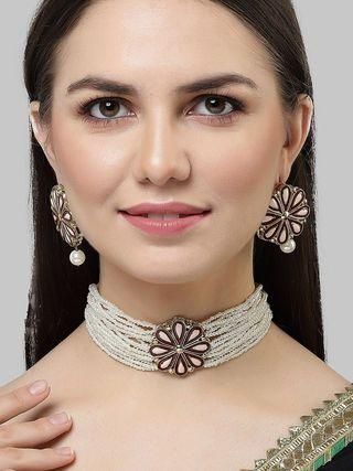 Goldify Gold Plated Pearl Beaded Kundan Choker Necklace Set - Goldify