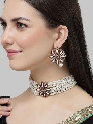 Goldify Gold Plated Pearl Beaded Kundan Choker Necklace Set - Goldify