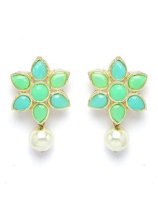 Goldify Gold Plated Pearl Beaded Light Blue and Light Green Kundan Stone Choker Necklace Set - GoldifyNecklace