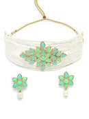 Goldify Gold Plated Pearl Beaded Light Blue and Light Green Kundan Stone Choker Necklace Set - GoldifyNecklace