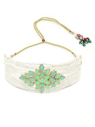 Goldify Gold Plated Pearl Beaded Light Blue and Light Green Kundan Stone Choker Necklace Set - GoldifyNecklace