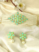 Goldify Gold Plated Pearl Beaded Light Blue and Light Green Kundan Stone Choker Necklace Set - GoldifyNecklace