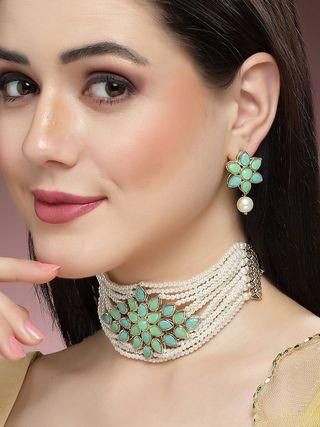 Goldify Gold Plated Pearl Beaded Light Blue and Light Green Kundan Stone Choker Necklace Set - GoldifyNecklace