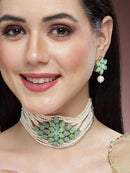 Goldify Gold Plated Pearl Beaded Light Blue and Light Green Kundan Stone Choker Necklace Set - GoldifyNecklace
