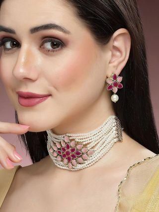 Goldify Gold Plated Pearl Beaded Royal Pink Kundan Stone Choker Necklace Set - GoldifyNecklace
