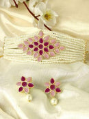 Goldify Gold Plated Pearl Beaded Royal Pink Kundan Stone Choker Necklace Set - GoldifyNecklace