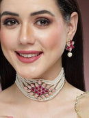 Goldify Gold Plated Pearl Beaded Royal Pink Kundan Stone Choker Necklace Set - GoldifyNecklace