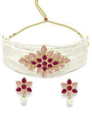 Goldify Gold Plated Pearl Beaded Royal Pink Kundan Stone Choker Necklace Set - GoldifyNecklace