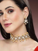 Goldify Golden Pearl Studded Polki Kundan Choker Necklace Set for Women - Goldify