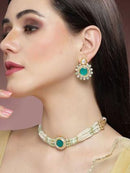 Goldify Pearl Beaded Green Polki Kundan Choker Necklace Set - GoldifyNecklace