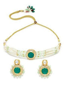 Goldify Pearl Beaded Green Polki Kundan Choker Necklace Set - GoldifyNecklace