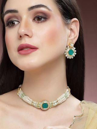 Goldify Pearl Beaded Green Polki Kundan Choker Necklace Set - GoldifyNecklace