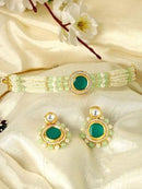 Goldify Pearl Beaded Green Polki Kundan Choker Necklace Set - GoldifyNecklace