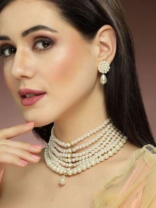 Goldify Pearl Beaded Kundan Choker Necklace Set for Women - GoldifyNecklace