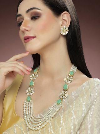 Goldify Real Pearl Beaded Light Green Carved Stone Kundan Rani Haar Necklace Set for Women - GoldifyNecklace
