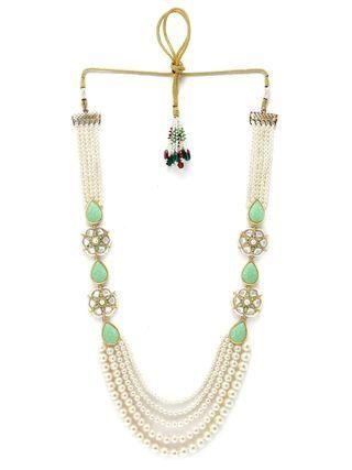 Goldify Real Pearl Beaded Light Green Carved Stone Kundan Rani Haar Necklace Set for Women - GoldifyNecklace