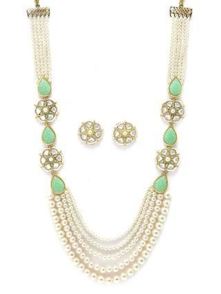 Goldify Real Pearl Beaded Light Green Carved Stone Kundan Rani Haar Necklace Set for Women - GoldifyNecklace