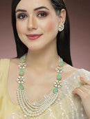 Goldify Real Pearl Beaded Light Green Carved Stone Kundan Rani Haar Necklace Set for Women - GoldifyNecklace