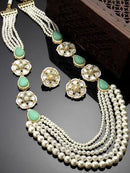Goldify Real Pearl Beaded Light Green Carved Stone Kundan Rani Haar Necklace Set for Women - GoldifyNecklace