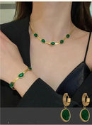 Oval Green Crystal Pendant Necklace Set With Bracelet - Goldify