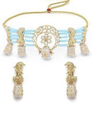 White Designer Tumble Light Blue Crystal Beaded Kundan Choker Necklace Set - GoldifyNecklace