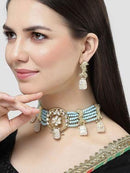 White Designer Tumble Light Blue Crystal Beaded Kundan Choker Necklace Set - GoldifyNecklace