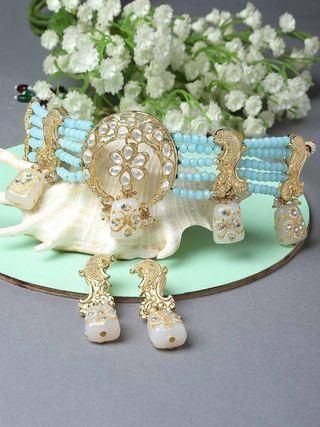 White Designer Tumble Light Blue Crystal Beaded Kundan Choker Necklace Set - GoldifyNecklace