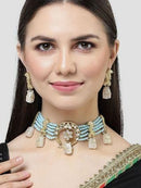 White Designer Tumble Light Blue Crystal Beaded Kundan Choker Necklace Set - GoldifyNecklace